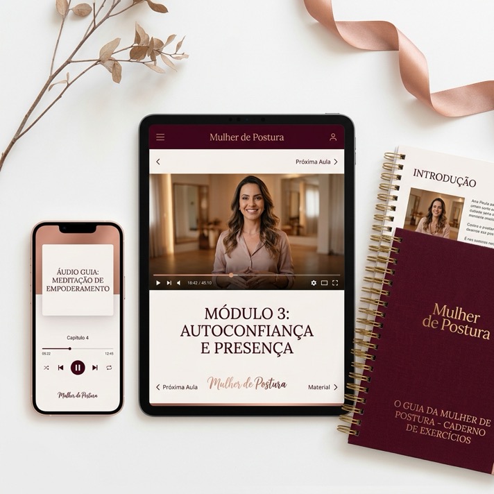 Mockup do curso Mulher de Postura: tablet, celular e caderno de exercícios